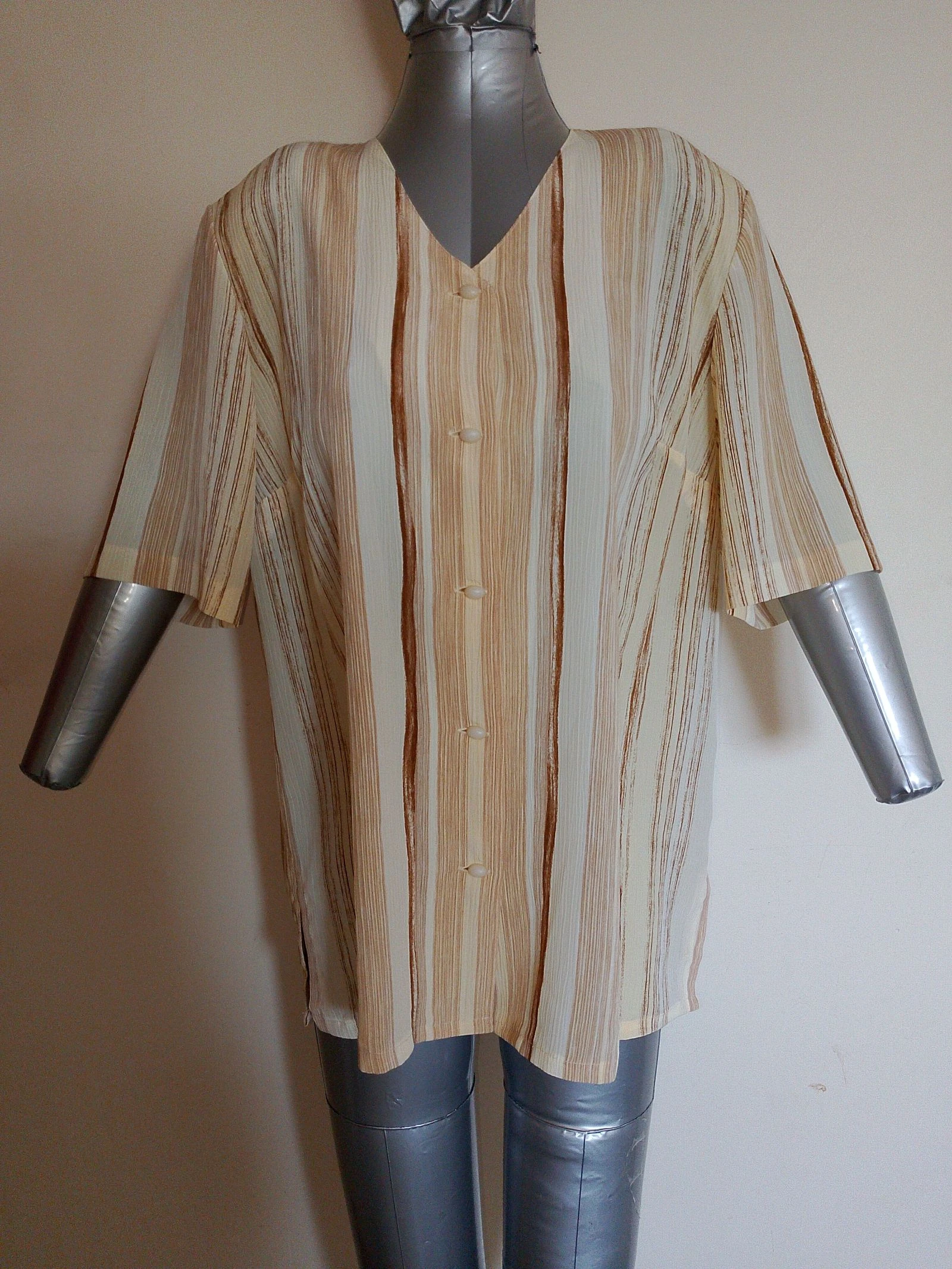 Chemisier vintage à rayures beige et marron - Taille 44 – photo 2